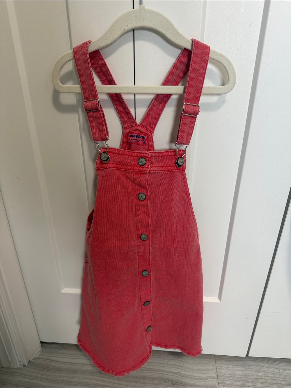 Mayoral Coral-Red Button Pinafore Dress